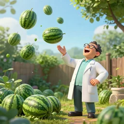 a mad scientist in his back yard laughing happily at the watermelons which are falling from the sky , made by Stanley Artgerm Lau, WLOP, Rossdraws, ArtStation, CGSociety, concept art, cgsociety, octane render, trending on artstation, artstationHD, artstationHQ, unreal engine, 4k, 8k,