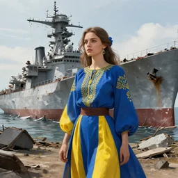 ukrainian girl with blue and yellow clothes near big ruined enemy warship, concept art, trending on artstation, highly detailed, intricate, sharp focus, digital art, 8 k