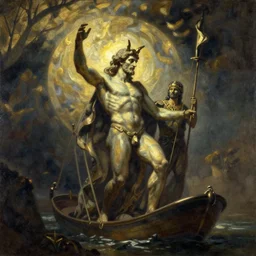 the myth of charon, with the ferryman from the underworld in the style of afremov,