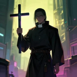 cyberpunk priest holding cross