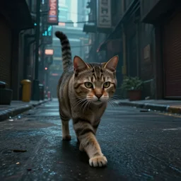 start cat walking through the alleys of a cyberpunk city, realistic, cinematic, ambient, unreal engine