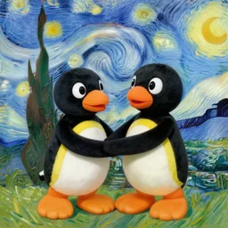 a still from Pingu, painted by van gogh, restorated