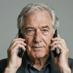 a masterpiece portrait photo of an older man talking in a cell phone mary elizabeth winstead symmetrical face