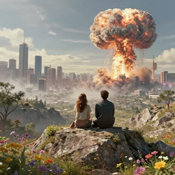 a man and a woman sitting together on top of a rock covered hillside with flowers watching a nuclear explosion in a distant city with skyscrapers, a detailed matte painting by filip hodas, sharp focus, cgsociety, fantasy art, cinematic, artstation hq, vfxfriday, dystopian art, octane render, unreal engine 5