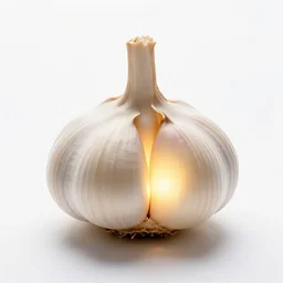 glowing garlic bulb, commercial catalog photo, isolated on a pure white background, centered, entire object in frame, sharp focus, soft studio lighting