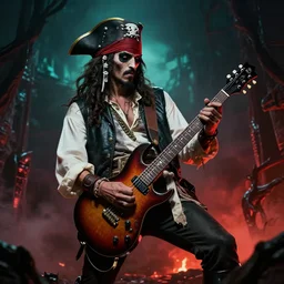 a pirate playing an electric guitar in hell