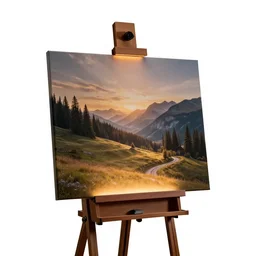 glowing easel with canvas, professional product shot, isolated on a pure white background, centered, entire object in frame, sharp focus, soft studio lighting