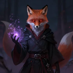 portrait, dark mage, anthropomorphic fox, greg rutkowski, wlop, artgerm, cinematic lighting, magic particles, glow, artstation