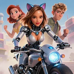 sci - fi pixar anime movie poster portrait photo of madison beer, jessica alba : : as woman cyborg wearing cat ears by weta, marvel, driving a futuristic motorcycle : : by greg rutkowski, wlop, ilya kuvshinov, rossdraws, artgerm, leeloo, rave makeup, unreal engine, sweaty, glitter, pearlescent, morning, disney