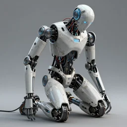 Humanoid robot on its knees, futuristic, cyberpunk, cyborg, cables, wires, photorealistic, highly detailed, gritty texture, trending in Artstation, Craig Mullins