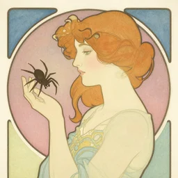 a girl with a spider, colored woodcut, flat pastel colors, by Mackintosh, by Alfons Mucha, art noveau, by Gustave Dorè