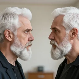 in the room two men with white short hair and thick beards look at each other, turn their faces sideways, look at each other, realistic light, soft light, focus, depth of field, photorealism, 8 k quality, full quality, comic style