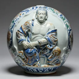 a perfect photograph of a man coated in liquid ming dynasty porcelain. he is squeezed into the shape of a sphere.