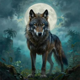 by frazetta ,close up of werewolf realistic ,full body backlight ,top light ,full body portrait ,highly textured oil painting ,jungle ,cyan graveyard ,foggy background ,with  dramatic sky ,clouds and giant oversized moon and storm