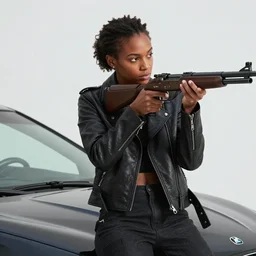 a black girl wearing a leather jacket. she sits on a car hood, pointing her rifle at a tank, in front of her. blende art, illustrations, pixiv, by ribosoma _ 4 2, guweiz