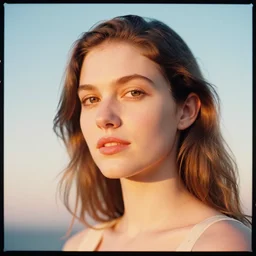 A head and shoulder portrait photograph of a woman by Flora Basi. pastel colors. gradient background. Lomography CN 100 film. Mamiya 645. highly detailed. hq. photoreal. Golden hour. Sunshine. 85mm.