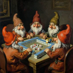 gnomes playing dice mahjong by beksinski, dark canvas, in the style of edward hopper rodcenko yue minjun caravaggio, intricate details, hard shadows, artstation
