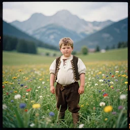 kodak portra 4 0 0, wetplate, muted colours, blueberry, 1 9 2 0 s style, long shot, macro photo of a colourful 1 9 2 0 s handsome chubby 6 yo bavarian goat herder boy posing in a beautiful flower meadow in the bavarian alps, mountain panorama, motion blur, tiny gaussian blur, depth of field