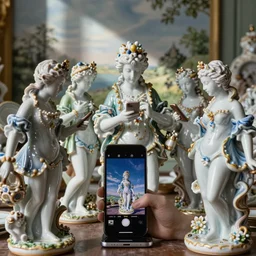 A close up photo of porcelain composition of baroque figurines staring down at their iphones