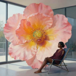closeup, huge flower face, black woman sitting on lounge chair by a modern window, surreal photography, studio light, impressionist painting, digital painting, artstation, simon stalenhag