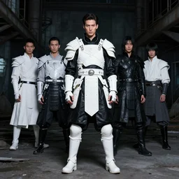 fashion model with white ancestral ornate medieval tactical gear, black leather samurai garment, full shot model photography, dark abandoned cyberpunk factory, by irving penn and storm thorgerson, ren heng, peter elson,