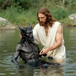 old photo of Jesus baptizing Satan in the river