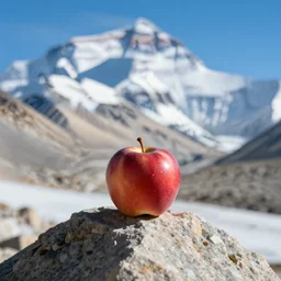 an apple is sitting on the peak of mount everest, clear focus, bokeh effect, hasselblad, professional photo
