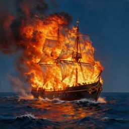 painting of a ship burning in heavy flames in the middle of the ocean, a detailed matte painting by vilhelm lundstrøm, cgsociety, neo - romanticism, chillwave, matte drawing, official art