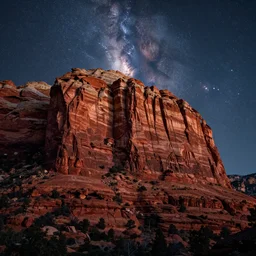 sedona's cathedral rock bluff, night, milky way, intricate lines, elegant, extreme detail, sharp focus, photo realistic, ultra realistic, photographic, style by rembrandt
