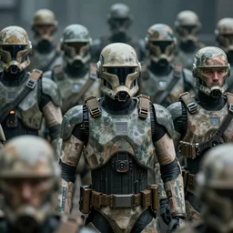 photo of an army of human clones with their faces visible, highly-detailed, epic cinematic, cyberpunk style