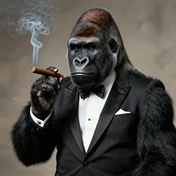 Gorilla dressed in Tuxedo, smoking cigar, portait