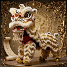 chinese lion dance, wisdom, scrolls + rococo + baroque + magic + intricate details + heraldic design + atmosphere + designed by peter mohrbacher and kentaro miura + high details in jean delville style, art station, 8 k