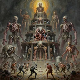 oil paint of 1 1 machines as flayed stacked neon gods in tiers, colossal medical gangrene machines in tiers, dethroning / we machines / melee, battle pit, by shigeru komatsuzaki, wayne d barlowe, stefano tamburini, ember light, muted colors, epic, hyper detailed, awe inspiring, award winning horror, narrative lighting, hyper realism,