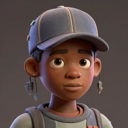 portrait - art of a nigerian boy wearing a baseball cap with wires and computer chips dangling from inside, character concept art, art style by frank frazetta & james jean, vfx art, volumetric light, ray tracing, digital illustration, colourful, claymation, unreal engine render, sharp, intricate detail, behance, artstation, pinterest,