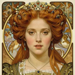 realistic detailed face portrait of beautiful young Queen Elizabeth Tudor in the style of Alphonse Mucha by Alphonse Mucha, Ayami Kojima, Yoshitaka Amano, Charlie Bowater, Greg Hildebrandt, Jean Delville, Adam Hughes, Karol Bak, and Mark Brooks, Art Nouveau, Gothic Revival, Pre-Raphaelite, exquisite fine details, 4k resolution, Behance HD, deep rich moody colors