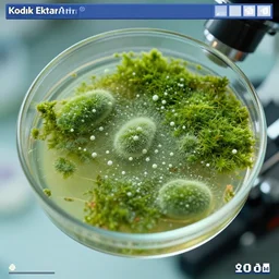 realistic photo of a moist microbes bacteria petri cup, biology moss covered with white dots, fluffy microbe, user interface with pixels ; 1 9 9 0, microscope, closeup, bokeh, natural colors, kodak ektar, 2 0 0 iso, 3 5 mm lens, bill henson
