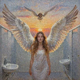 a public restroom with wings, flapping its wings flying in sunset sky, oil on canvas, portrait, intricate, 8k highly professionally detailed, HDR, CGsociety