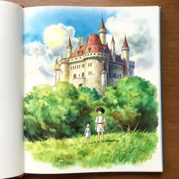 castle in the sky laputa style hayao miyazaki stands in a small clearing among trees, sun, grass, watercolor illustration for a book