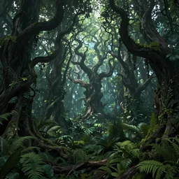 fairy tale, vivid, volumetric, high detail, artwork trees, scary fairy tale mystical forest, magical jungle, forest landscape, fantasy, beautiful, trending on artstation, cinematic view, huge scene, amazing nature, concept art, epic foliage, twisted creepy trees, detailed