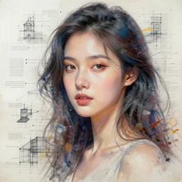 The face of a very beautiful goddess radiating an artwork made from layers of technical drawings and architectural plans, very detailed and intricate with callout texts, leaders, arrows and bubbles by James Jean and Ross Tran and WLOP , hyperrealism, swirling acrylics, subsurface scattering, octane render, bokeh, 8k,  xparticles