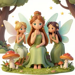 fairies with detailed faces, enchanted forest, mushrooms on the ground, stars in the sky, psychedelic, wide angle shot, white background, vector art, illustration by frank frazetta