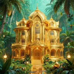 golden mansion in a vaporwave jungle, 4k, ultra realistic, award winning photograph