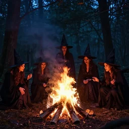 witches preparing a ritual around a wildly lit campfire in an ominous forest at night, photography