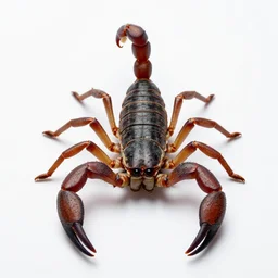 elderly scorpion, high detail photograph, full body, isolated on a pure white background, centered, entire subject in frame, sharp focus, soft studio lighting