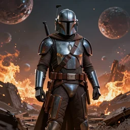 cinematic mandalorian by frazetta on a background with destroyed planets ,  fire and atomic bomb explosion, backlight