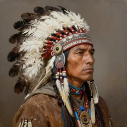 painting portrait of a native american wearing a eagle feather headdress, artstation, ultra detailed, tinted brown