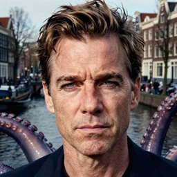 closeup portrait of a not amused man, background kraken tentacles in an amsterdam canal, background houses, photograph, natural light, sharp, detailed face, magazine, press, photo, steve mccurry, david lazar, canon, nikon, focus
