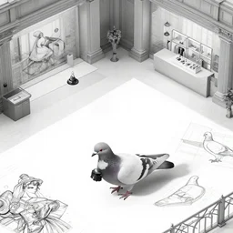 the realistic blueprints isometric pigeon, greyscale photo museum, 1 9 8 0, manga style