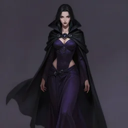 Fantasy portrait, Necromancer, female, beautiful face, dark garments, dark pruple robes, midriff, Black cloak from neck to ankles, pin-up, matte painting, by Sakimichan, artstation
