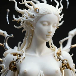 hyper detailed ultra sharp portrait of a beautiful well contoured porcelain ivory smooth fair subconscious god flagella, up close shot, sharp focus, global illumination, radiant light, biomechanical white silver gold rhizomorphs, cyberpunk brackets, alexandre ferra white mecha, irakli nadar, alexander mcqueen, octane highly render, 4 k, ultra hd,